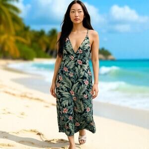 Illa Illa Tropical Maxi Dress Green Black Palm Hawaiian Floral Sleeveless Size S